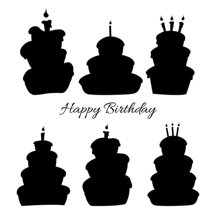 Ensemble d'anniversaire de silhouettes avec des attributs traditionnels sur fond blanc. Style de bande dessinée. Vecteur.