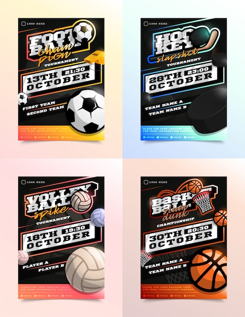 Ensemble D'annonces Sport Flyer. Football, Football, Hockey, Volley-ball, Basket-ball