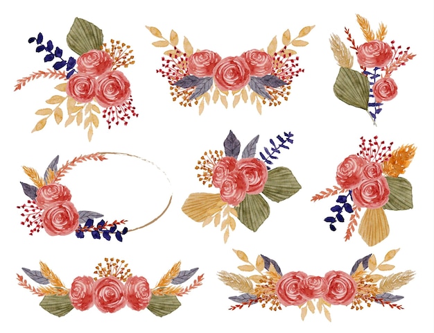 un ensemble d'aquarelle d'arrangement de fleurs et de feuilles séchées boho