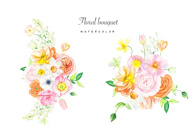 Ensemble aquarelle d'arrangements floraux de fleurs d'été parfaits pour les cartes de voeux