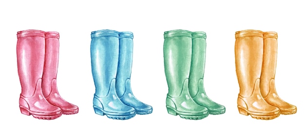 Vecteur ensemble aquarelle de bottes de jardinage en caoutchouc colorées