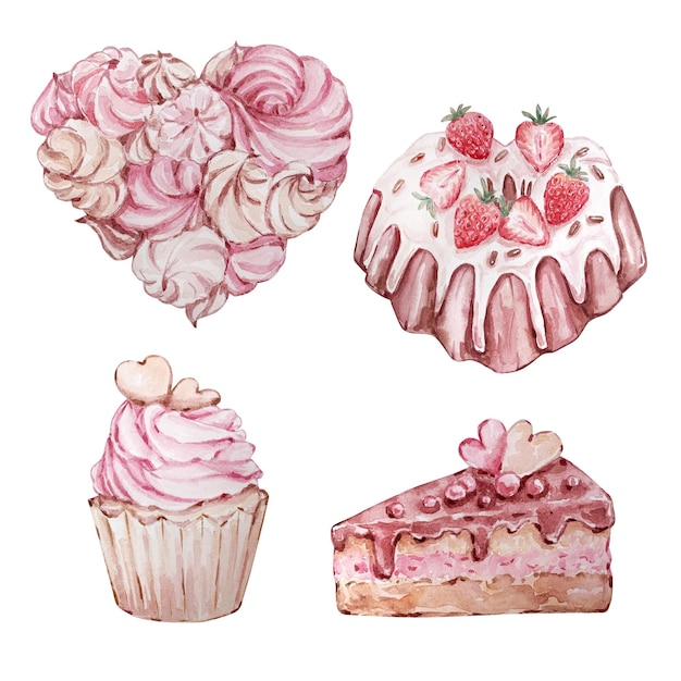 Ensemble Aquarelle De Desserts Différents Dessinés à La Main En Forme De Coeur