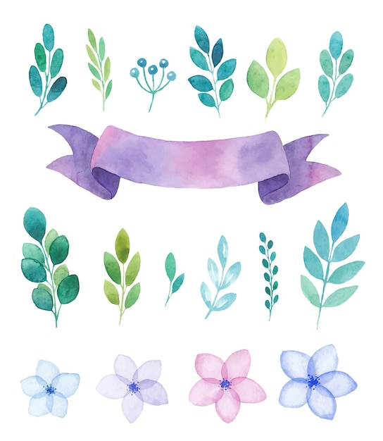 Ensemble Aquarelle D'éléments, De Fleurs Et De Brindilles, Bannière De Ruban Violet