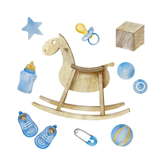 Ensemble à l'aquarelle d'éléments et de jouets en bois et bleus pour bébé