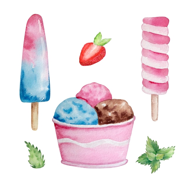 Ensemble Aquarelle De Glaces Aux Fruits Sur Un Stickxa