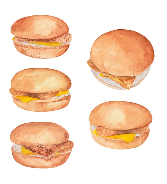 Ensemble aquarelle de hamburgers de poisson avec du fromage