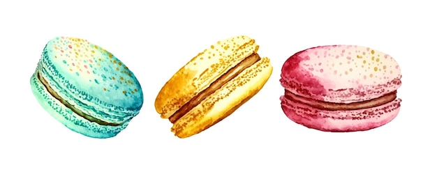 Ensemble Aquarelle Macarons Décorés Isolés Sur Fond Blanc Illustration Dessinée à La Main Du Dessert Croquant Populaire Pour La Décoration De Café