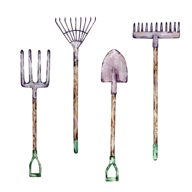 Vecteur ensemble aquarelle d'outils de jardinage