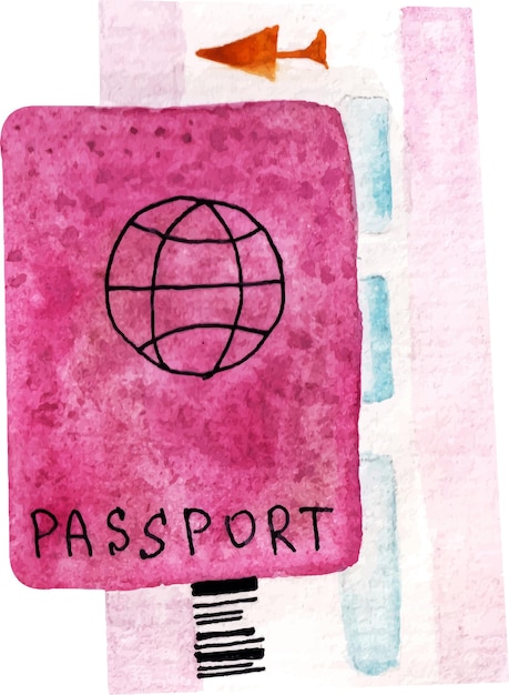 Vecteur ensemble aquarelle de passeport avec billet d'avion