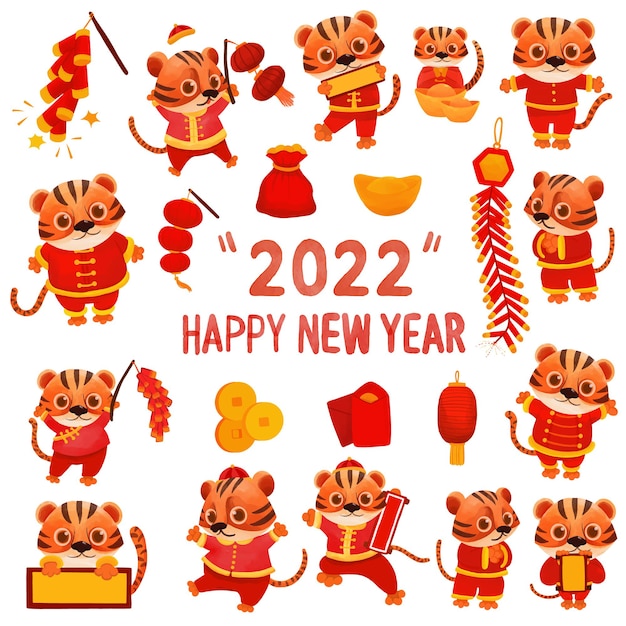 Ensemble D'aquarelle Peinte Tiger Tiger Année Bonne Année 2022 Clipart Dessinés à La Main