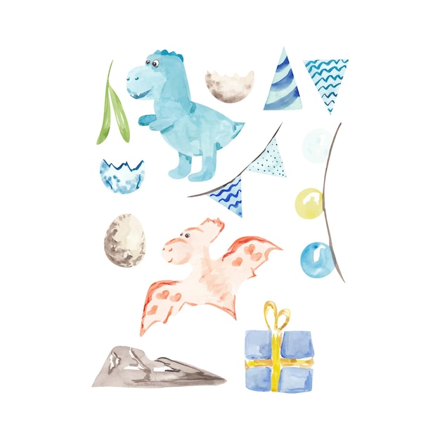 Ensemble Aquarelle Pour Le Décor D'anniversaire De Douche De Bébé Dinosaure De Vacances