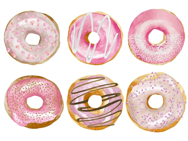 Ensemble aquarelle de six beignets sucrés en glaçure rose Sprinkles illustration aquarelle de beignets roses