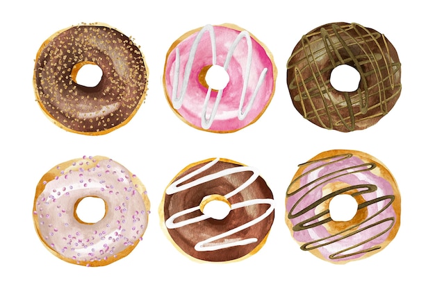 Ensemble aquarelle de six beignets sucrés en glaçure de shocolate rose et marron