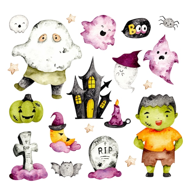 Ensemble Aquarelle De Trucs Mignons D'halloween