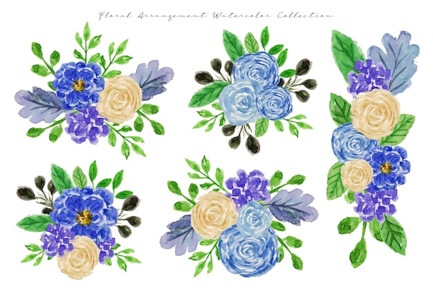 un ensemble d'aquarelles d'arrangements floraux bleus mignons