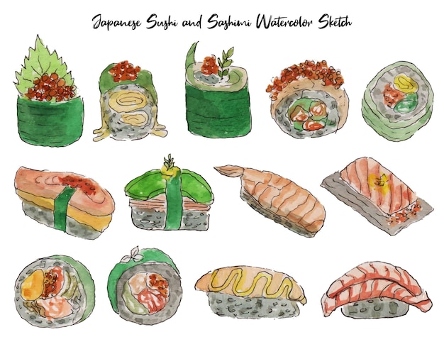 Un Ensemble D'aquarelles De Sushis Et De Sashimis Japonais Dessinés à La Main