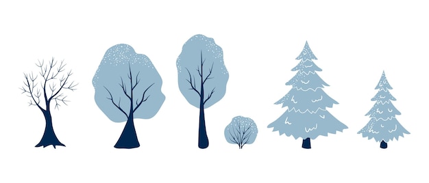 Vecteur ensemble d'arbres dessinés à la main bleu forêt d'hiver mignon éléments de la nature pour créer un paysage de vacances d'hiver