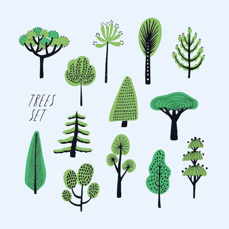 Vecteur ensemble d'arbres de doodle de dessin animé. belle collection d'illustration de style enfantin, primitif dessiné à la main.
