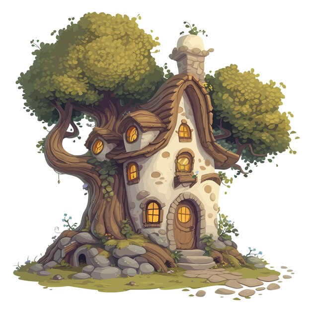 Vecteur un ensemble d'arbres enchanteurs et une maison d'arbre du hobbit