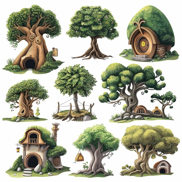 Vecteur un ensemble d'arbres enchanteurs et une maison d'arbre du hobbit