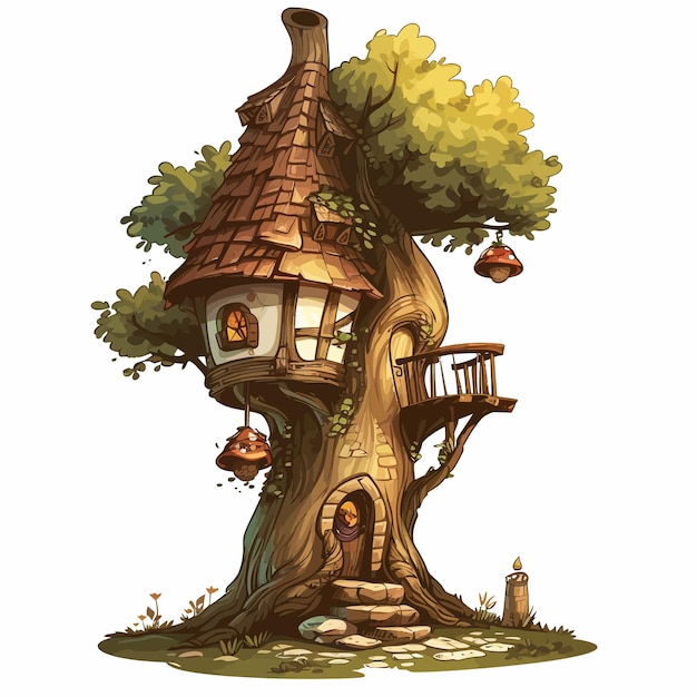 Vecteur un ensemble d'arbres enchanteurs et une maison d'arbre du hobbit