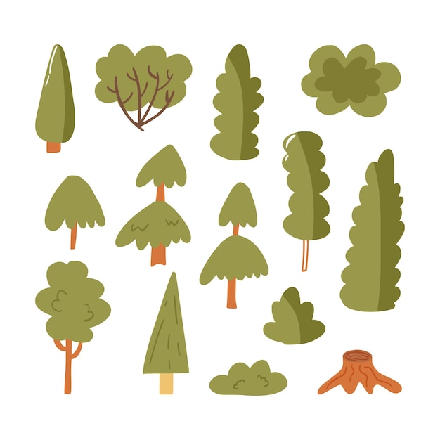 Ensemble d'arbres forestiers et d'icônes de brousse clipart plat isolés sur blanc. Parc de bois dessiné à la main, plante sauvage, illustration de vecteur de dessin animé de souche de pin. Collection graphique botanique de conception d'impression de style scandinave