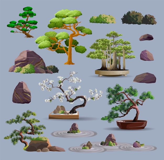 Ensemble D'arbres Japonais Bonsaï Cultivés Dans Des Conteneurs Plante De Pierre De Jardin Bel Arbre Réaliste Bonsaï Sur La Boîte Illustration Vectorielle De Petit Arbre Décoratif Art De La Nature