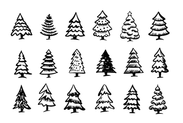 Ensemble d'arbres de Noël Illustrations dessinées à la main