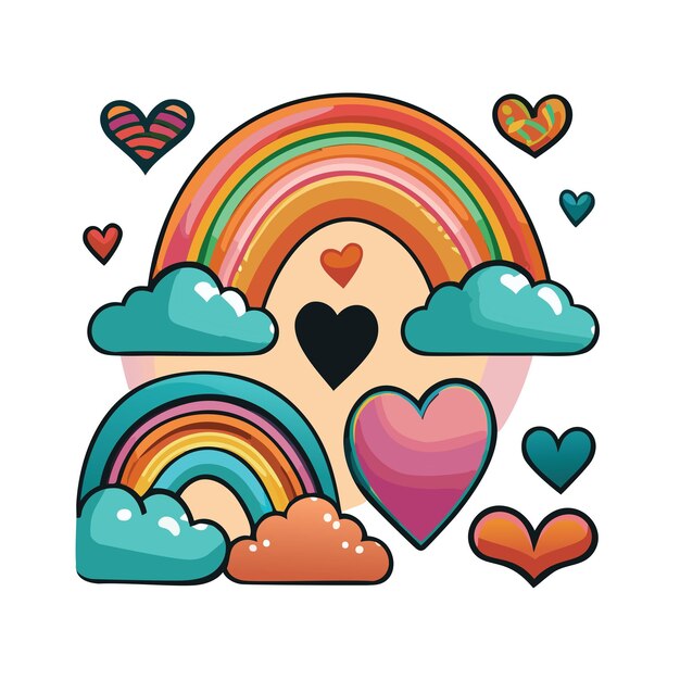 Vecteur un ensemble d'arc-en-ciel colorés pour les enfants chambre mignon arc-en-ciel enfantin avec des cœurs nuages et des fleurs