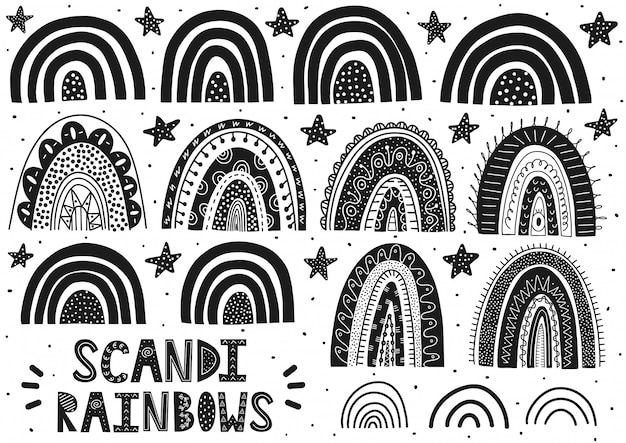 Ensemble D'arcs-en-ciel Scandinave. Clipart De Fantaisie Mignon. Collection Noir Et Blanc D'éléments Isolés. Illustration Vectorielle