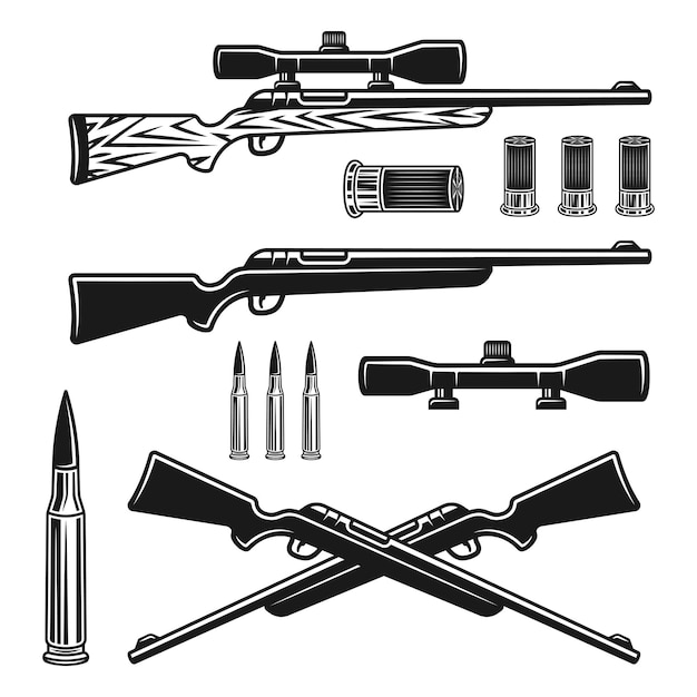 Ensemble D'armes De Chasse D'objets Vectoriels Ou D'éléments De Conception Dans Un Style Vintage Monochrome Isolé Sur Fond Blanc