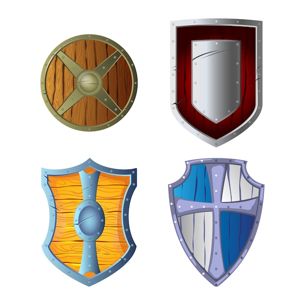 Ensemble d'armure en bois en bois et métal isolé sur fond blanc. Boucliers en bois avec cadre métallique et milieu au centre. Élément protecteur de guerre. Symbole de l'élément de protection médiévale,