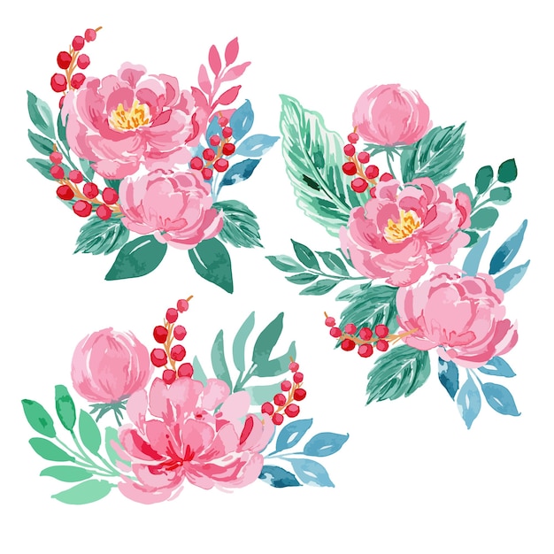 Vecteur ensemble d'arrangement de bouquet floral aquarelle rose pivoine rose