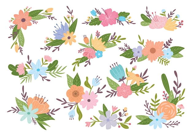 Ensemble D'arrangement De Fleurs Dans Un Style Doodle Parfait Pour L'élément De Conception De Mariage Floral Vector Illustr