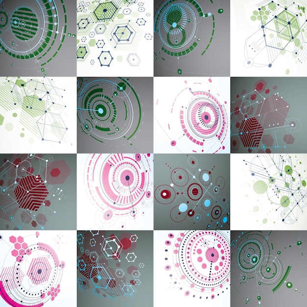 Ensemble d'arrière-plans abstraits vectoriels 3d créés dans un style rétro Bauhaus. La composition géométrique peut être utilisée comme modèles et mises en page. Papiers peints de technologie d'ingénierie faits avec des cercles et des nids d'abeilles.