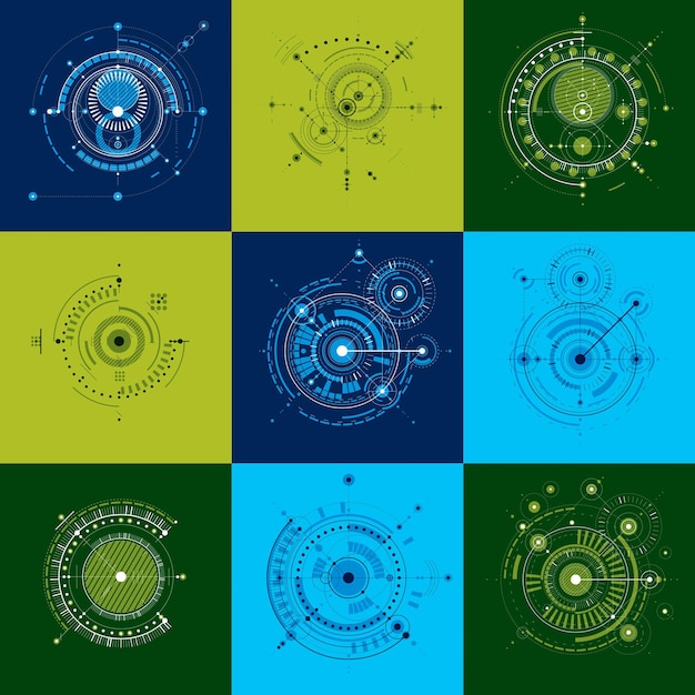 Ensemble d'arrière-plans abstraits vectoriels créés dans un style rétro Bauhaus. La composition géométrique moderne peut être utilisée comme modèles et mises en page. Fonds d'écran technologiques d'ingénierie réalisés avec des cercles.