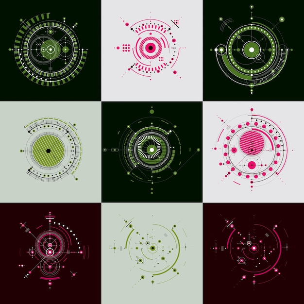 Ensemble d'arrière-plans abstraits vectoriels créés dans un style rétro Bauhaus. La composition géométrique moderne peut être utilisée comme modèles et mises en page. Fonds d'écran technologiques d'ingénierie réalisés avec des cercles.
