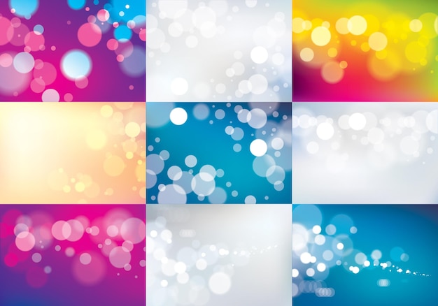 Ensemble d'arrière-plans de lumières floues. Textures effet bokeh. Belle collection d'illustrations vectorielles abstraites. Thèmes brillants festifs magiques de vacances.