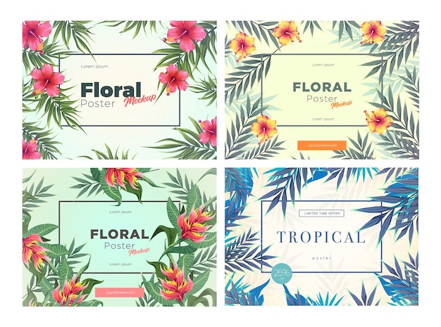 Ensemble d'arrière-plans tropicaux lumineux avec des plantes de la jungle Motifs exotiques avec des feuilles tropicales