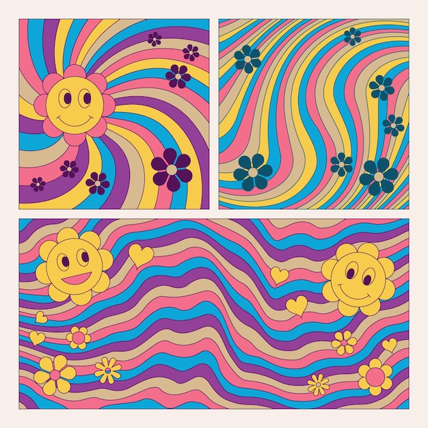 Ensemble d'arrière-plans de vague groovy psychédélique de style rétro coloré Bannières abstraites de conception hippie
