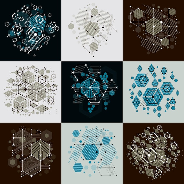 Ensemble d'arrière-plans vectoriels Bauhaus modulaires, créés à partir de figures géométriques simples comme des cercles et des hexagones. Idéal pour une utilisation comme affiche publicitaire ou conception de bannière.