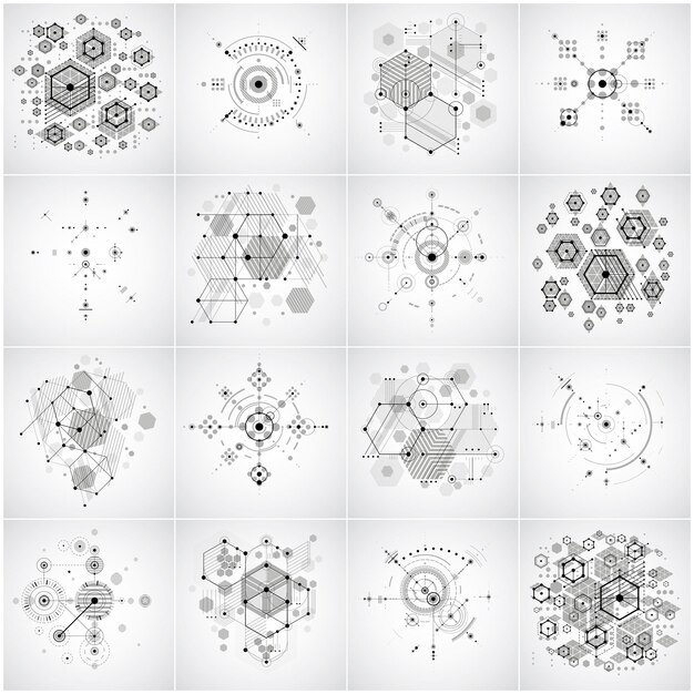 Ensemble d'arrière-plans vectoriels Bauhaus modulaires en noir et blanc, créés à partir de figures géométriques simples comme des cercles et des hexagones. Idéal pour une utilisation comme affiche publicitaire ou conception de bannière.