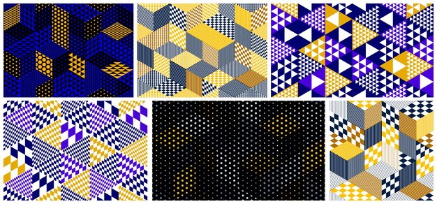 Ensemble d'arrière-plans vectoriels de cubes en pointillés sans soudure, boîtes de points répétant les motifs de tuiles, architecture et construction 3D, dessins géométriques.