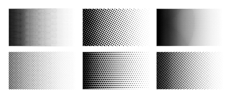 Vecteur ensemble d'arrières-plans à gradient de demi-ton horizontal papier peint à texture de points de dessins animés bande dessinée en noir et blanc
