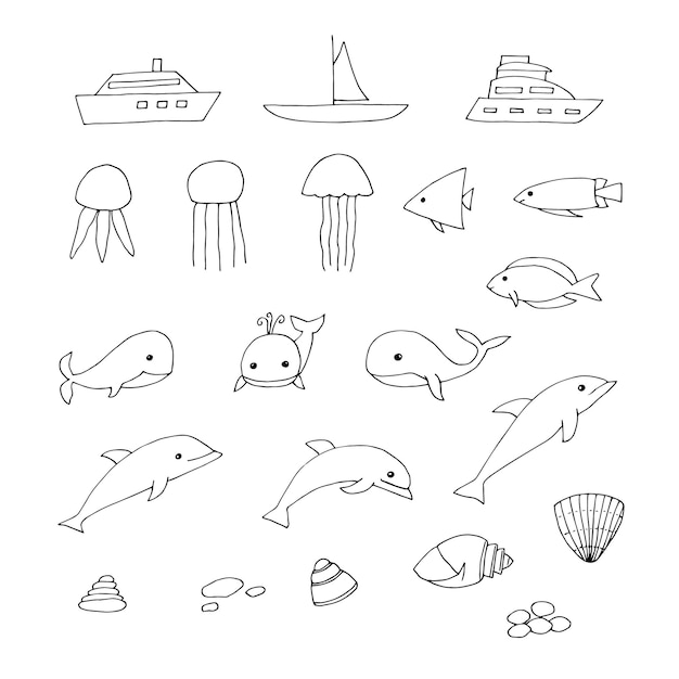 Ensemble D'art Clip Marin, Bateaux, Méduses, Poissons, Baleines, Dauphins, Coquillages Et Cailloux, Illustration Vectorielle, Griffonnages, Dessinés à La Main