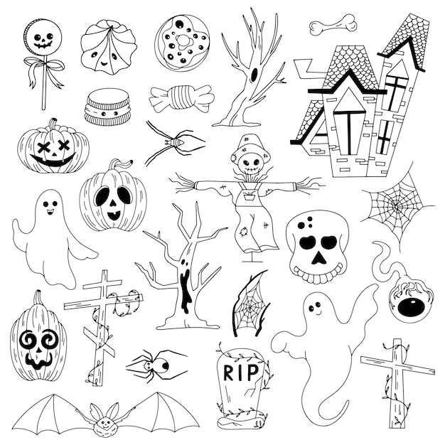 Ensemble D'art De Ligne Vectorielle Halloween Symboles D'halloween Traditionnels