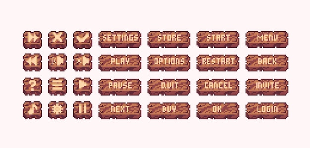 Ensemble D'art De Pixel De Boutons En Bois. Collection De Barres En Bois D'interface. Panneau De Planche à Clin Sprite 8 Bits.