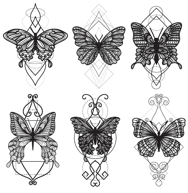 Vecteur ensemble d'art de tatouage papillon croquis noir et blanc