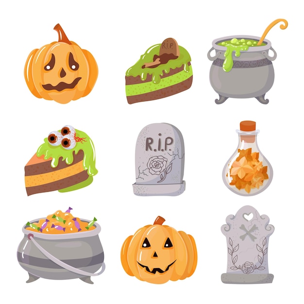 Vecteur un ensemble d'articles de décoration pour les vacances d'halloween. citrouilles, pierres tombales et friandises pour enfants.