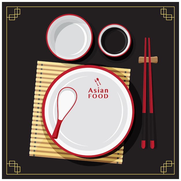 Ensemble D'assiette Vide, Cuillère à Manger, Cuisine Asiatique, Illustration